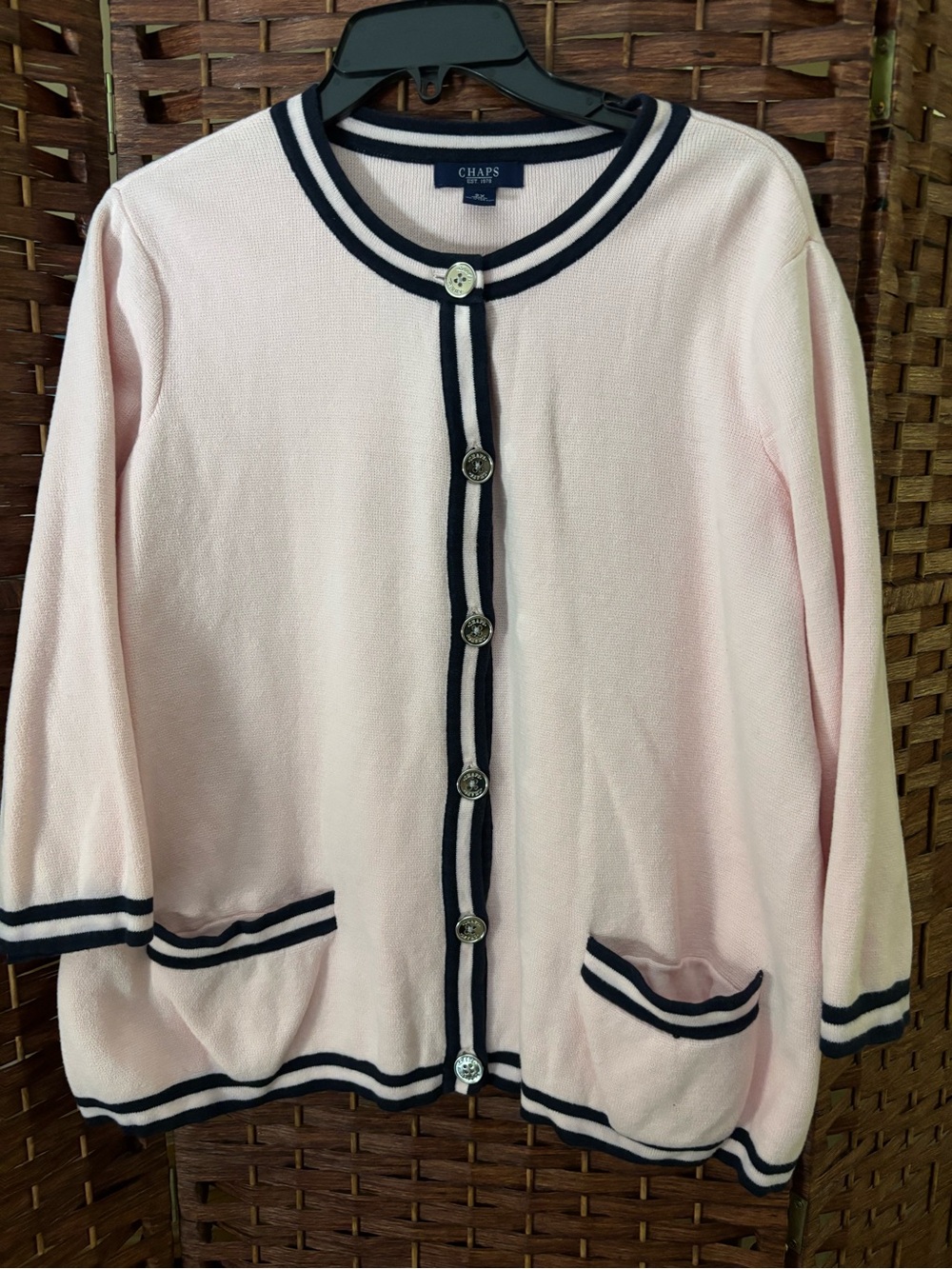 Vintage Chaps Pink Cardigan with Navy Striped Trim